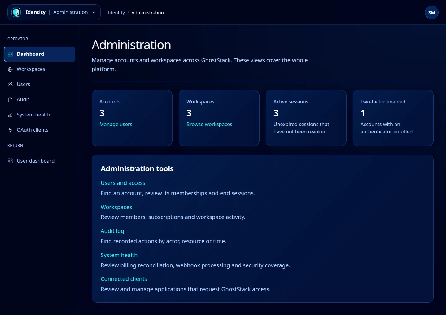 Administration dashboard with platform counts and links to Users, Workspaces, Audit, System health and OAuth clients.