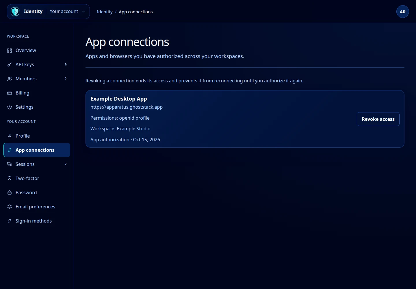 App connections with a fictional desktop app’s resource, permissions, workspace and Revoke access button.