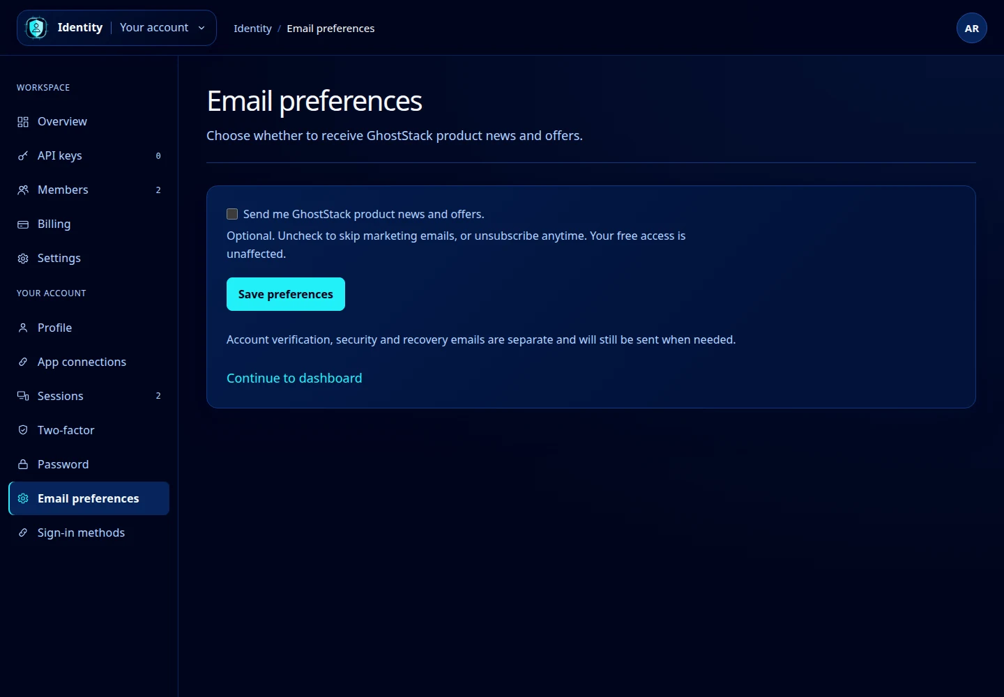 Email preferences form with a product-news choice, Save preferences and Continue to dashboard.