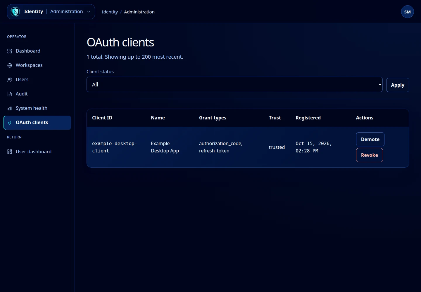 OAuth clients table with a fictional registered desktop app, status filter, Demote and Revoke controls.