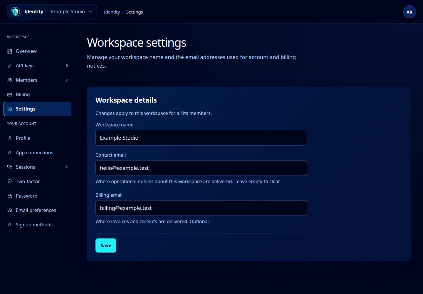 Workspace settings with Example Studio, contact and billing addresses, and Save.