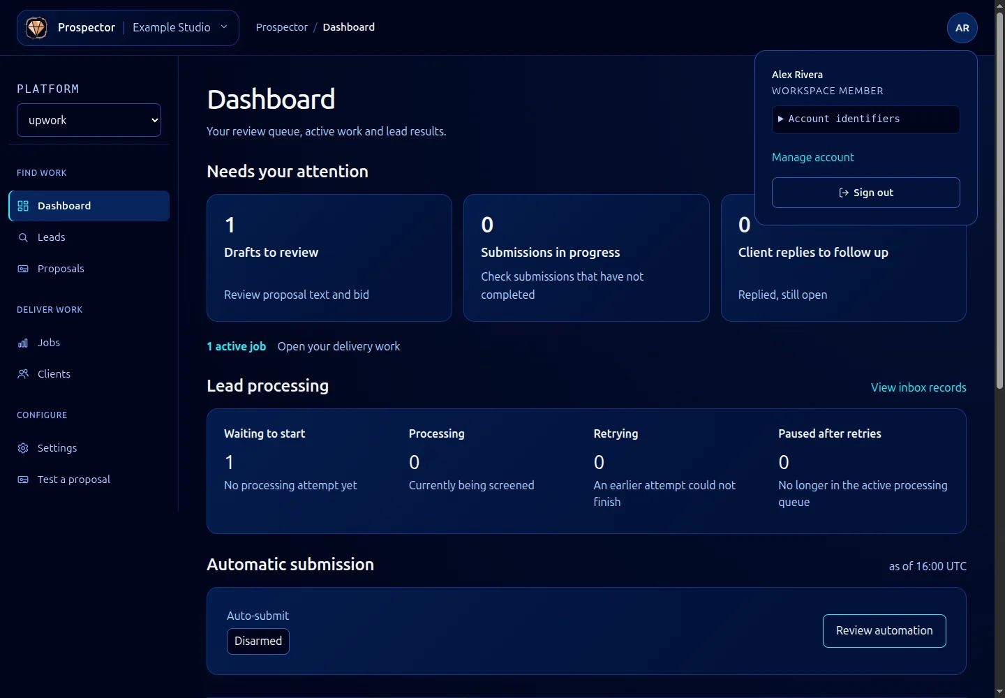 The account menu opens separately from tool and workspace selection.