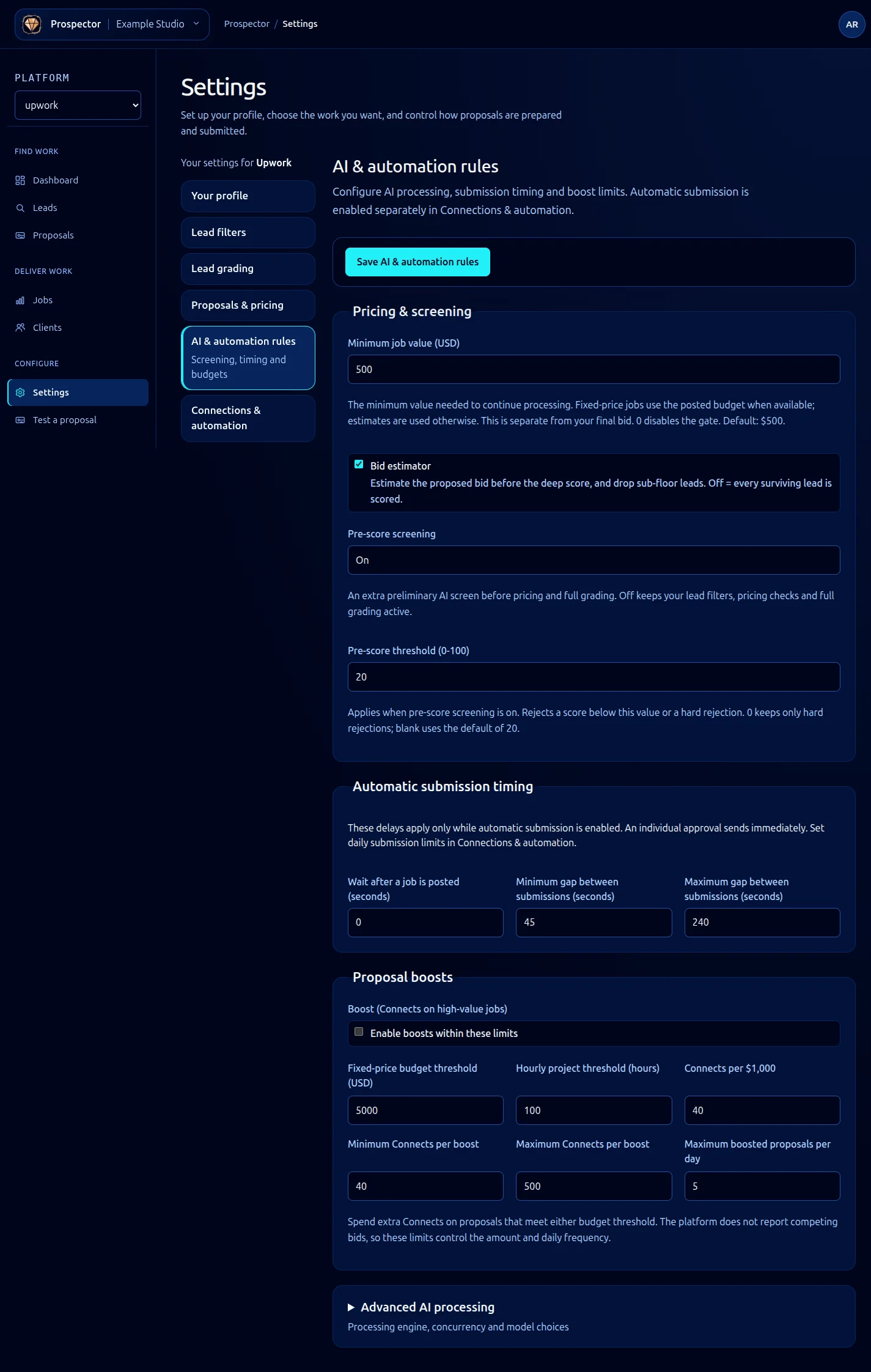 AI and automation settings grouped by screening, timing, processing, boosts and models.