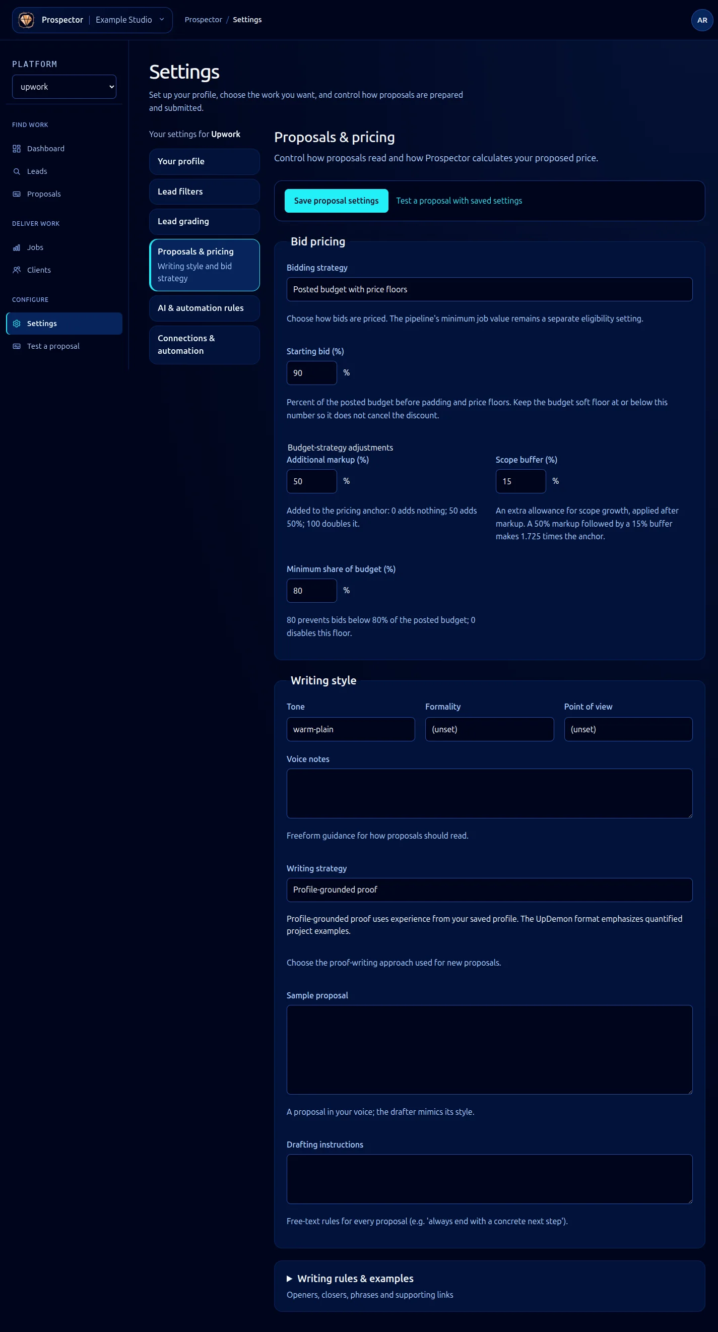 Proposal settings with pricing first, writing style and expandable advanced writing rules.