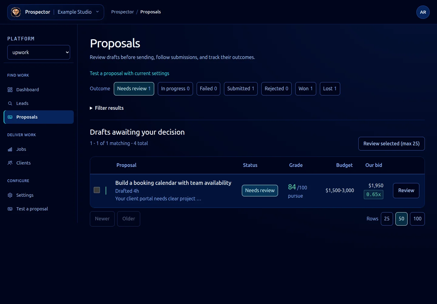 Proposal outcome navigation and the queue of drafts awaiting a decision.