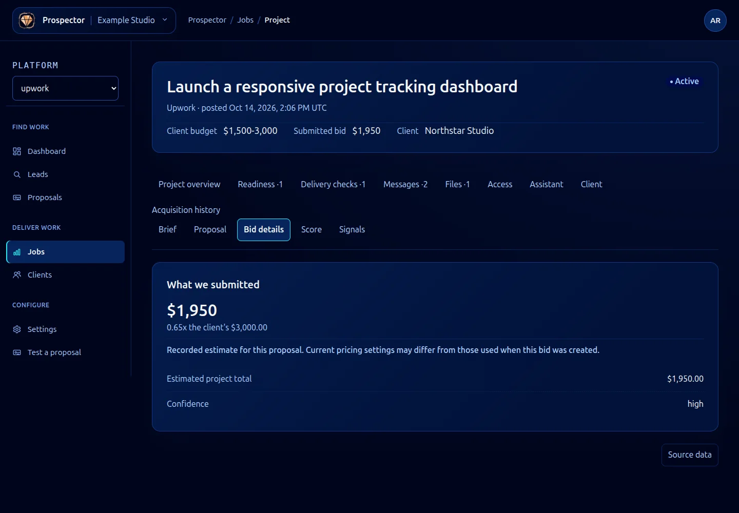 Bid details distinguishes the recorded estimate and proposed price from current pricing settings.