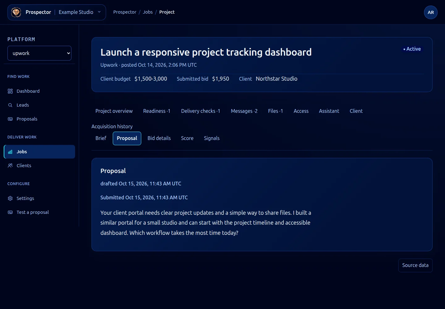 The Proposal tab shows the stored proposal text.