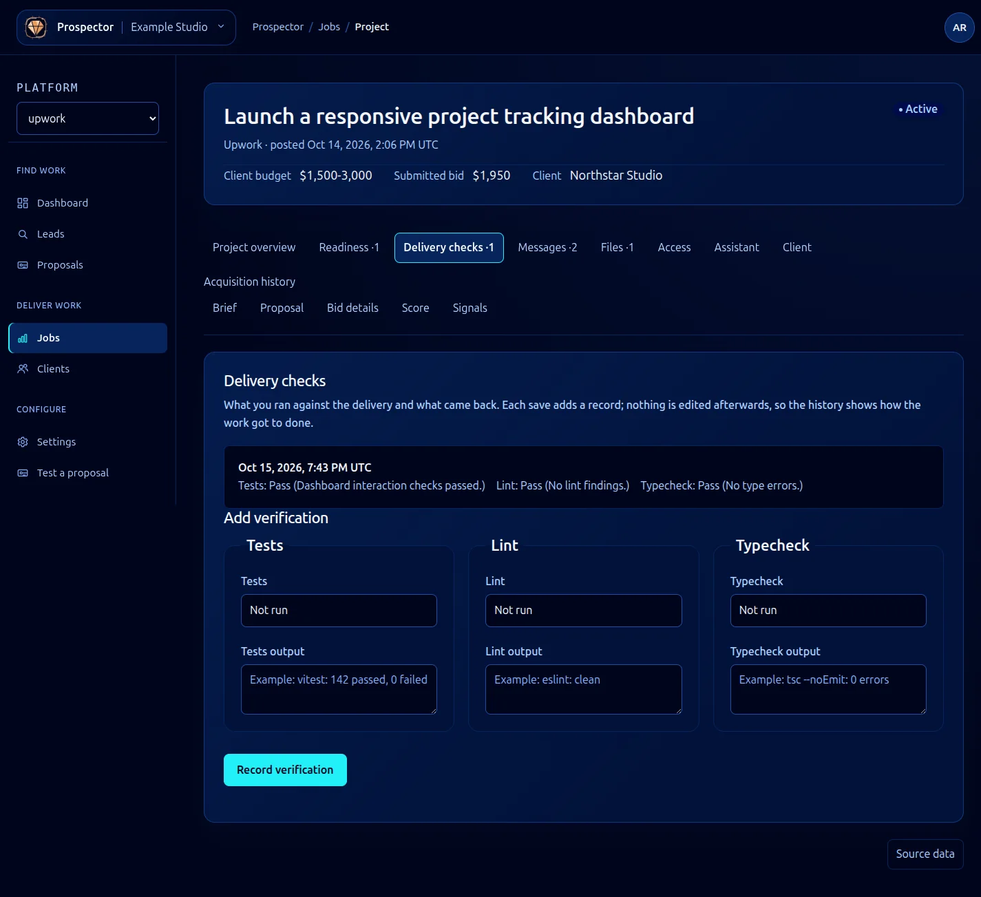 Delivery checks with result selectors and recorded tests, lint and typecheck evidence.