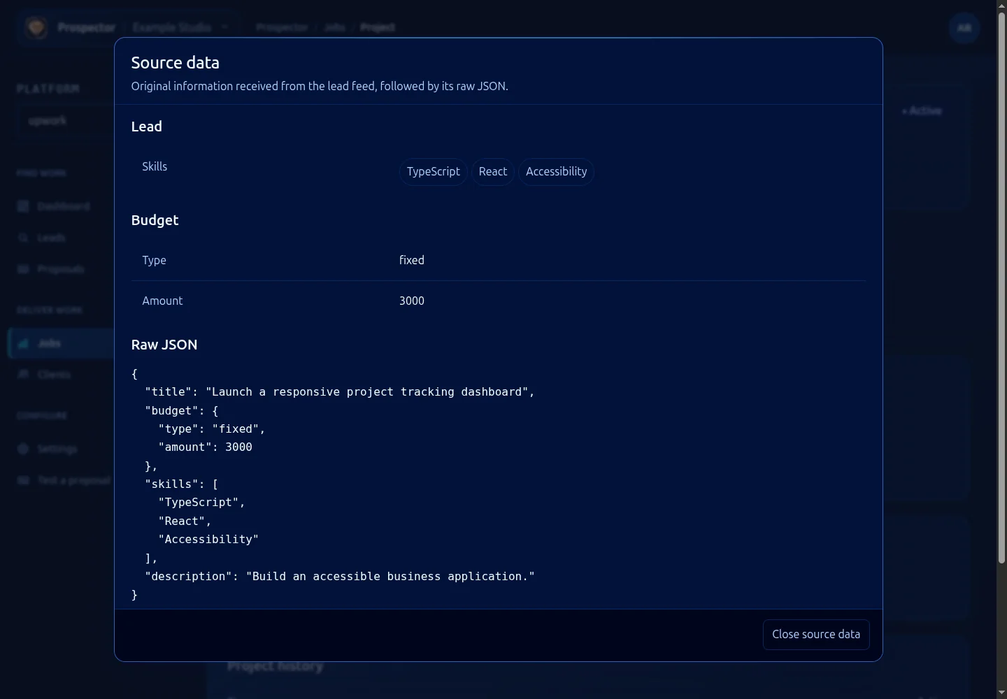 Source data dialog provides a read-only inspection of the current lead payload.