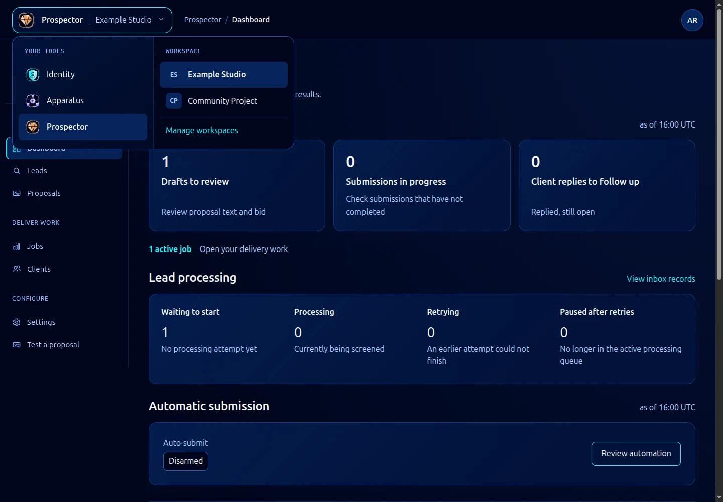The top-left picker lists permitted tools and the demonstration workspaces.