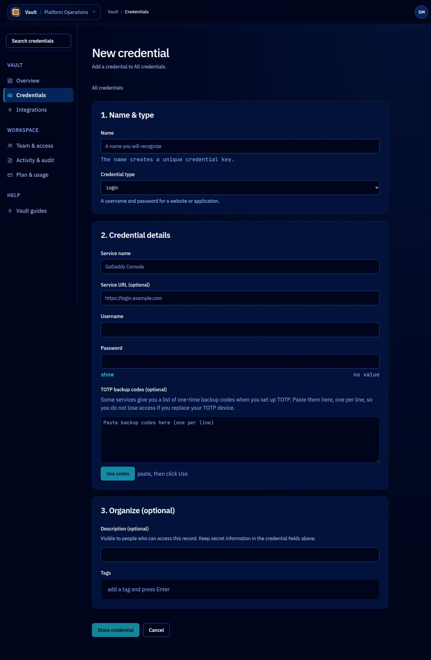 Login creation form with grouped fields and a separate Store credential action.