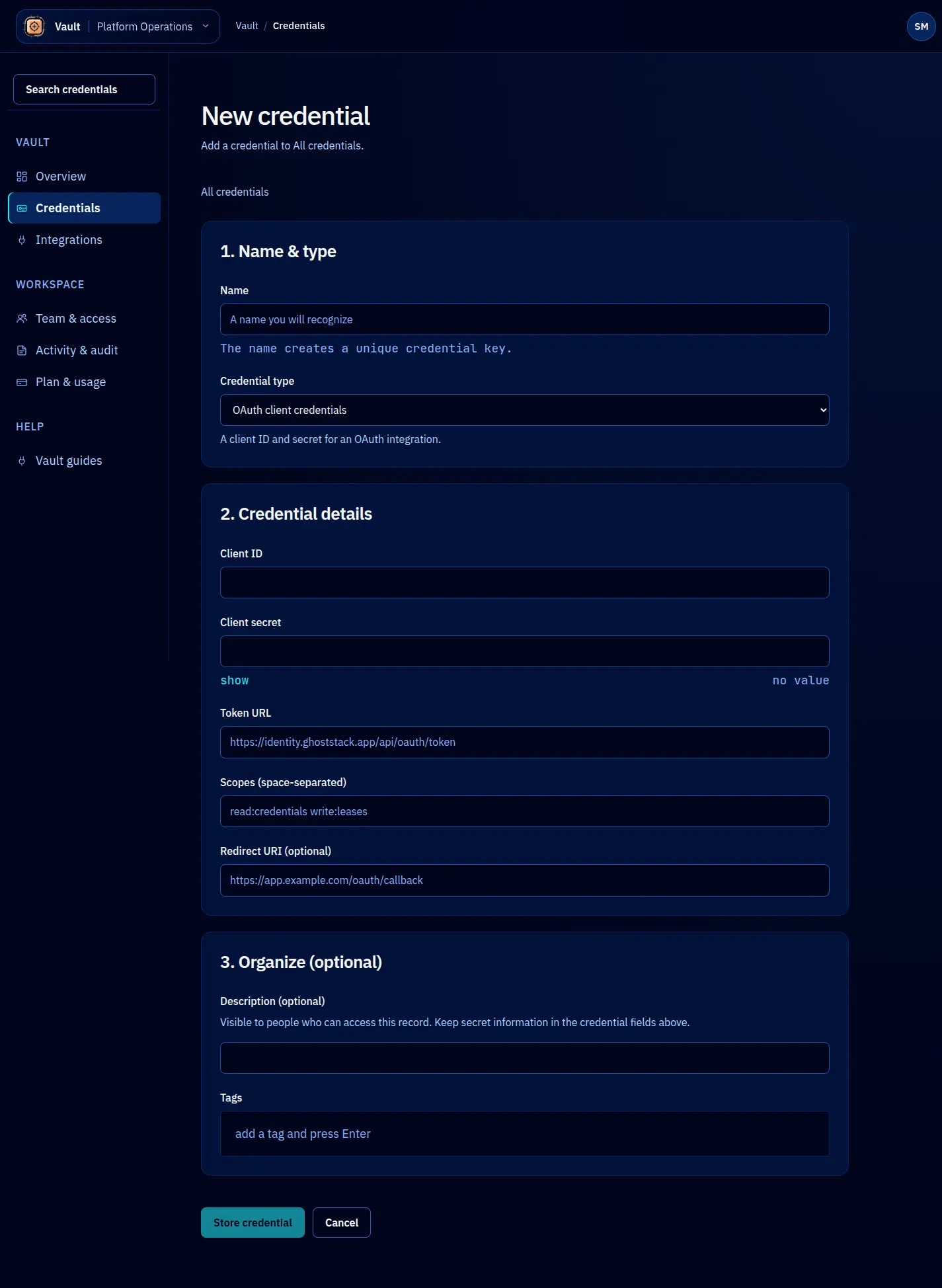 OAuth client creation form with grouped fields and a separate Store credential action.