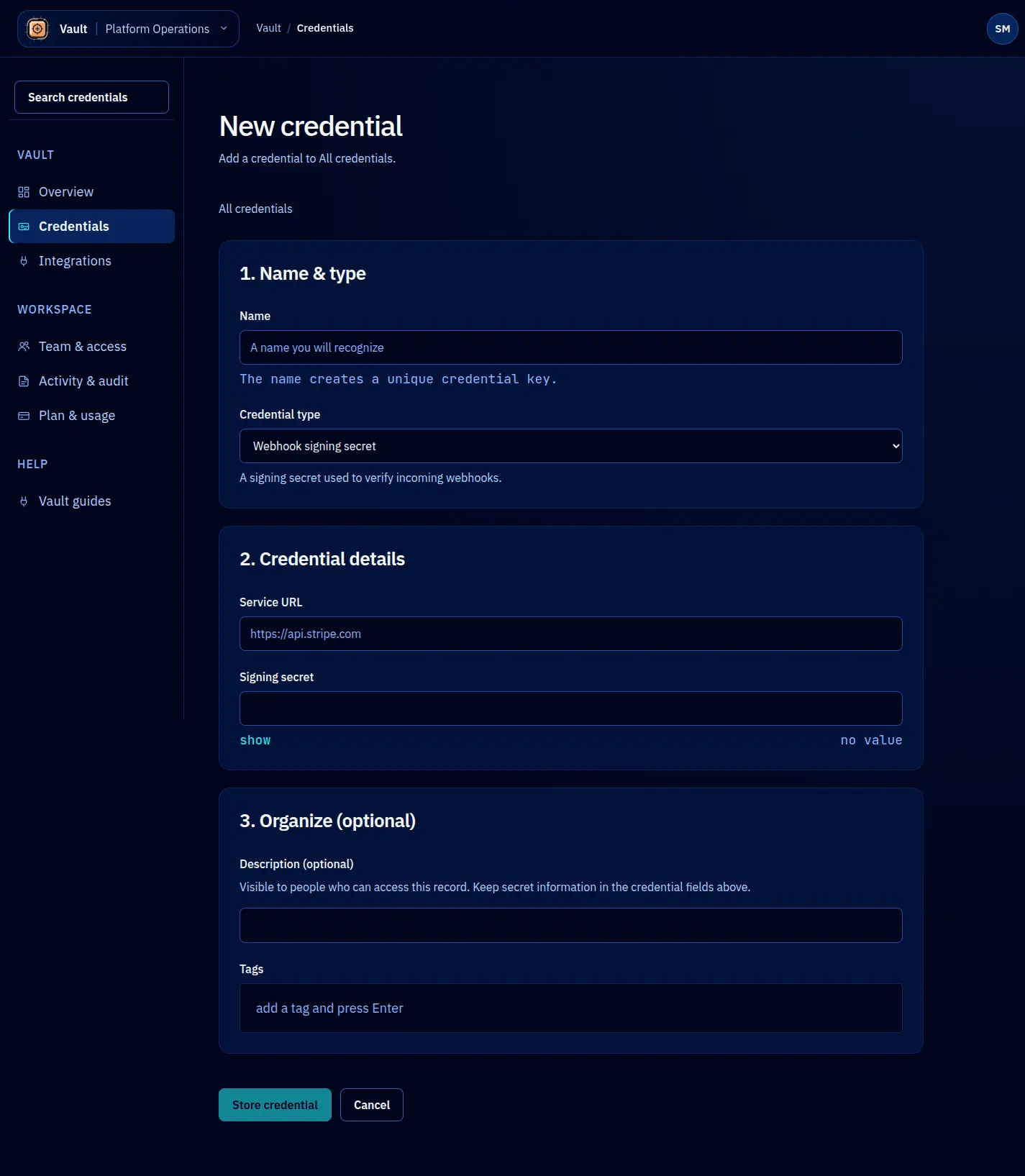 Webhook secret creation form with grouped fields and a separate Store credential action.